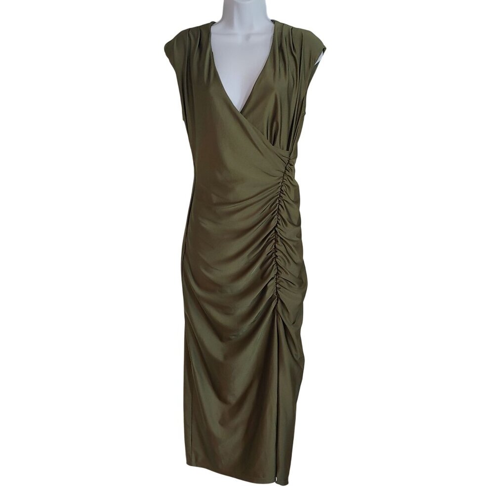 Premier Amour Olive Midi Faux Wrap Cinched Side Dress Fairy Y2k 6